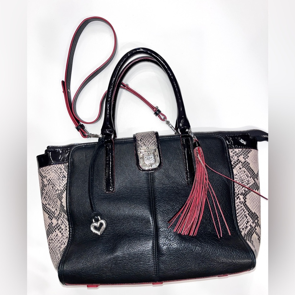 Brighton Black Leather & Faux Python Purse Tote Top Handle Handbag Snakeskin